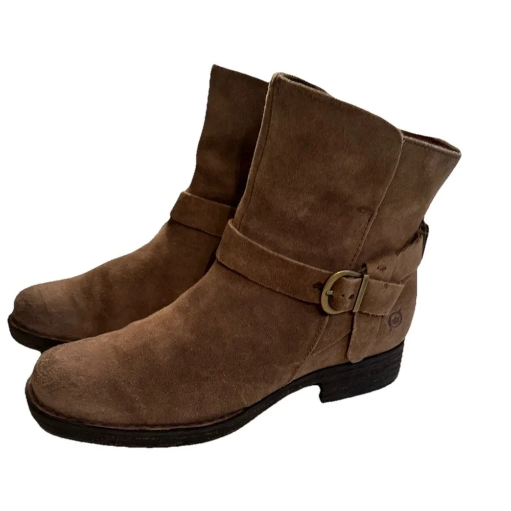 Born Shoes Womens Size 8.5 Brown Suede Syd Buckle Strap Ankle Boots‎ Plaid Lined
